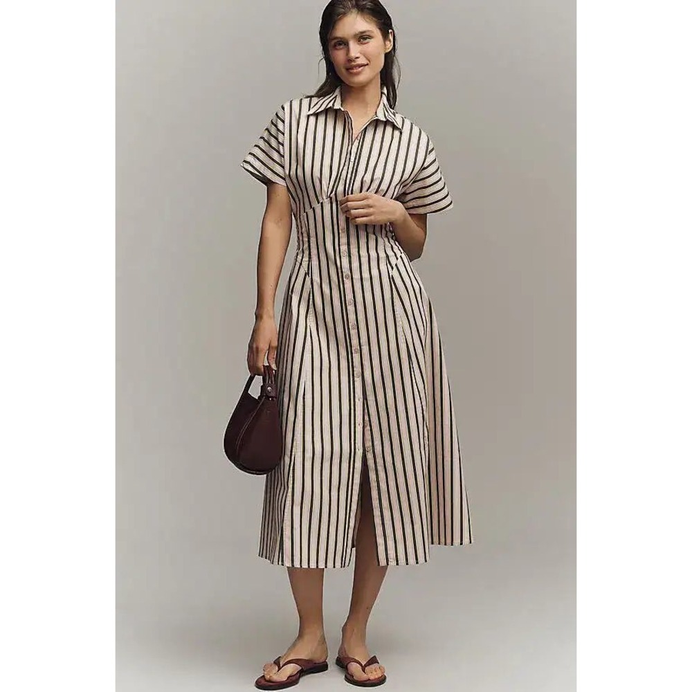 Exquise Raina Dress Womens Medium Pink Stripe Excellent Midi Shirt Dress